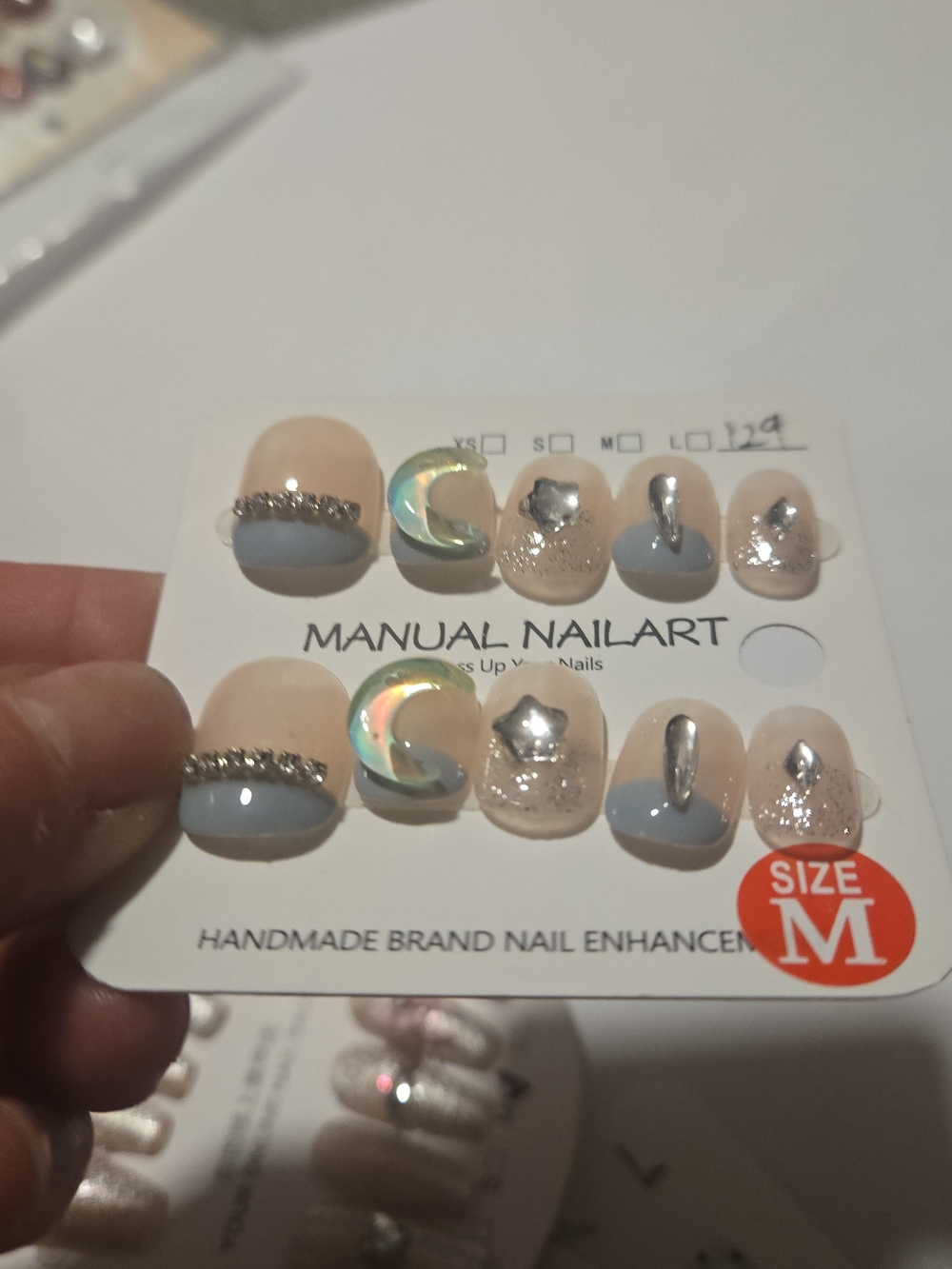 Handmade Blush & Light Blue Rhinestone Press-On Nails